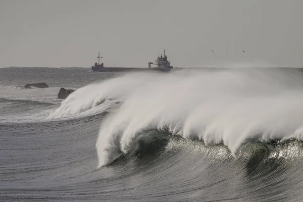 Stor Brytvåg Med Vindspray Nära Leixoes Hamn Norra Vägg Portugal — Stockfoto