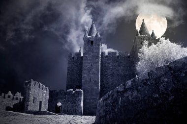 Mysterious castle in a crrepy full moon night. clipart