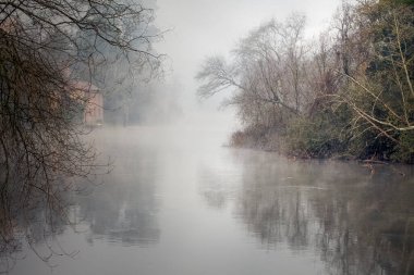 Şafak vakti sisli nehir. Portekiz 'in kuzeyindeki Ave Nehri.