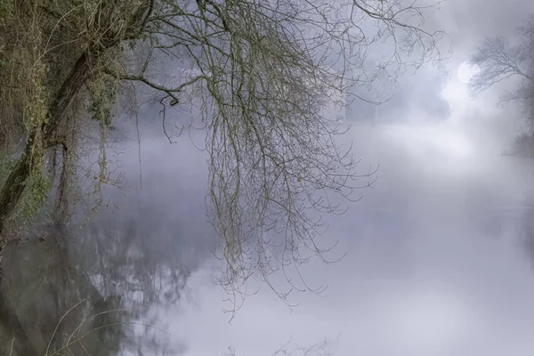 Nebeliger Fluss Einer Vollmondnacht Beim Anblick Einer Wassermühle — Stockfoto