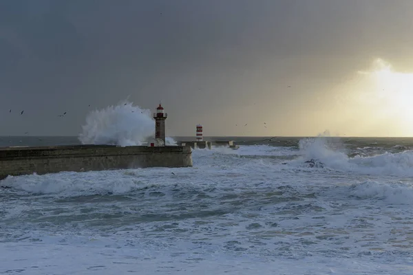 Cloudy Sunset Sunbeams Mouth Douro River Porto Portugal Stock Picture