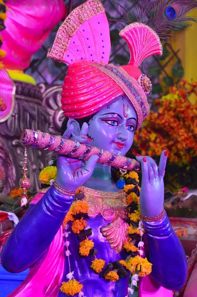 Dieu Hindou Krishna Avec Flûte — Photo
