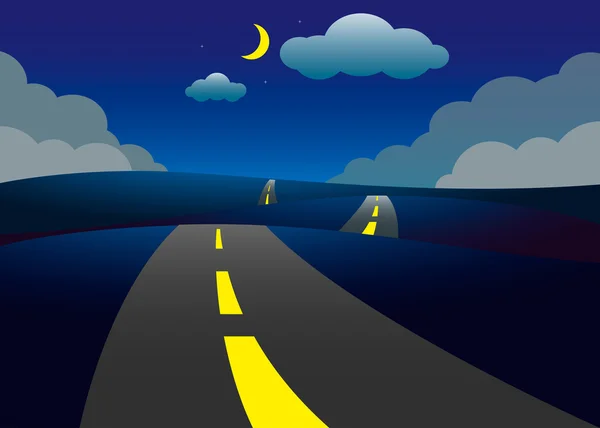 Weg op de heuvels nacht landschap, vector illustratie — Stockvector