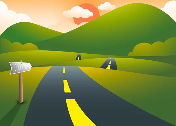 Strada sulle colline con paesaggio montano tramonto, vettore illustr — Vettoriale Stock