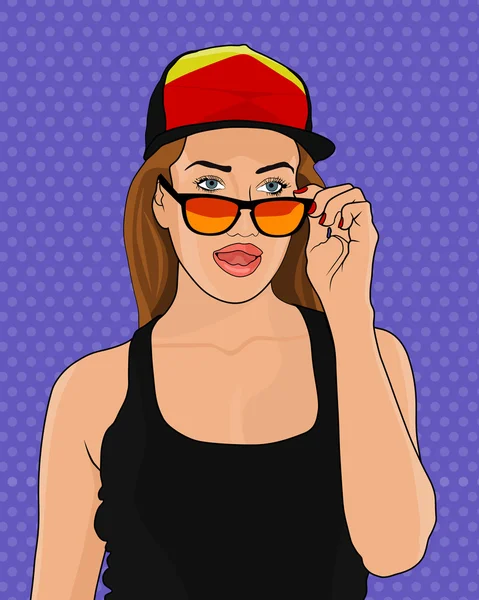 Chica vectorial en gorra y gafas — Vector de stock