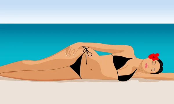 Chica toma el sol en una playa — Vector de stock