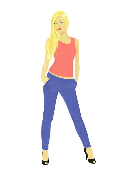 Vector chica en una camisa roja y pantalones azules en tacones altos negros — Vector de stock