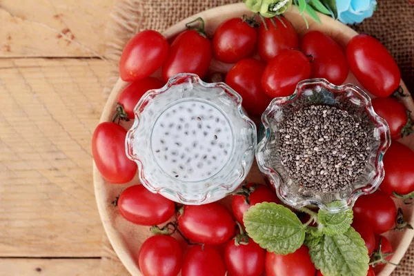 Chia seeds with milk and tomato delicious — Stock Photo, Image