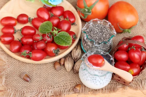 Chia seeds with milk and tomato delicious — Stock Photo, Image