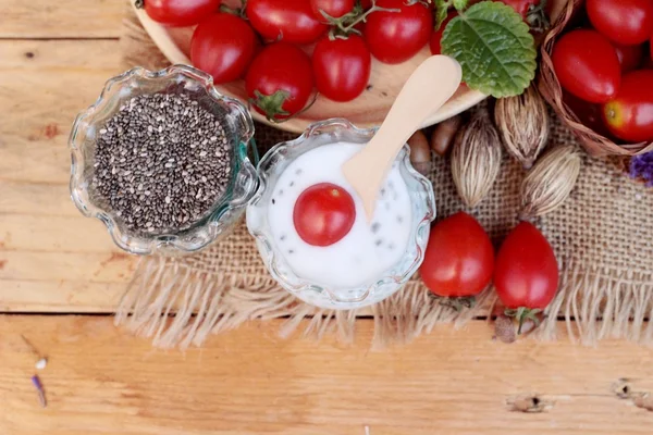 Chia seeds with milk and tomato delicious — Stock Photo, Image