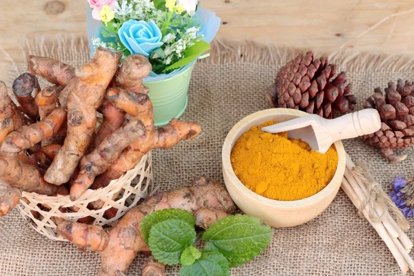 Polvo de cúrcuma y cúrcuma fresca para la salud . — Foto de Stock