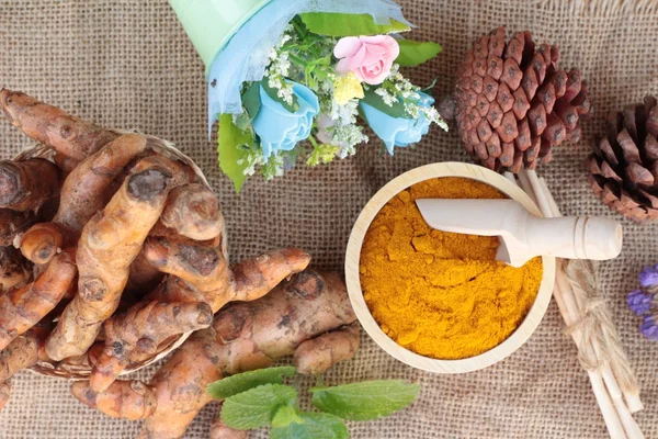 Turmeric powder and fresh turmeric for health. — Stock Photo, Image