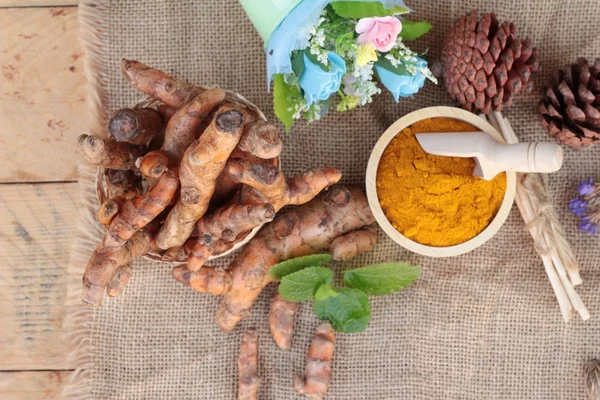 Polvo de cúrcuma y cúrcuma fresca para la salud . — Foto de Stock