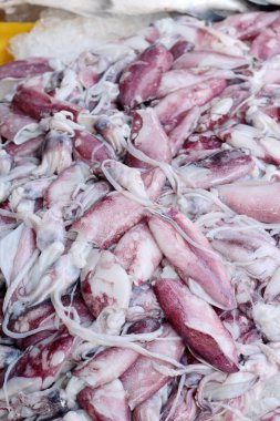 belgili tanımlık çarşı içinde yemek pişirmek için taze kalamar.