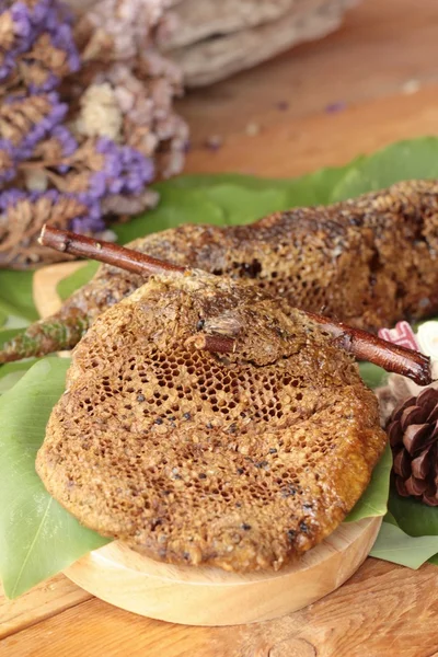 Honungskaka med naturligt på gröna blad — Stockfoto