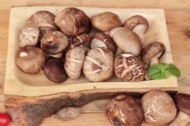 Shiitake mantar ahşap arka plan üzerinde yemek pişirmek için