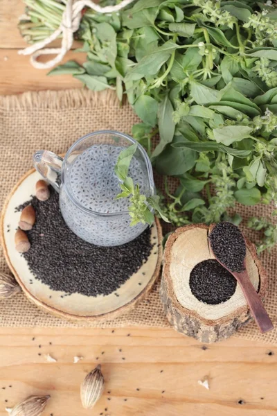 Basil seeds for fiber beverage and raw seed. — Stock Photo, Image