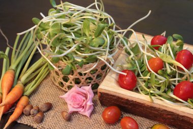 Yeşil genç ayçiçeği fide ve domates salatası