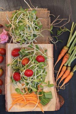 Yeşil genç ayçiçeği fide ve domates salatası