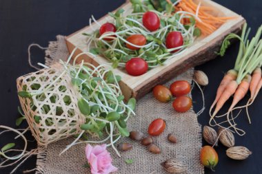 Yeşil genç ayçiçeği fide ve domates salatası