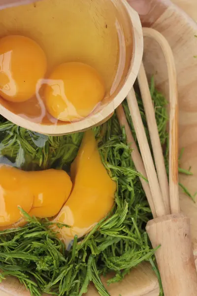 Omlet yemek pişirmek için yumurta ve sebze akasya pennata