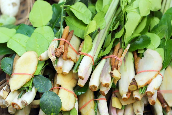 Zitronengras, Galgant, Kaffir-Limettenblätter für Suppe. — Stockfoto