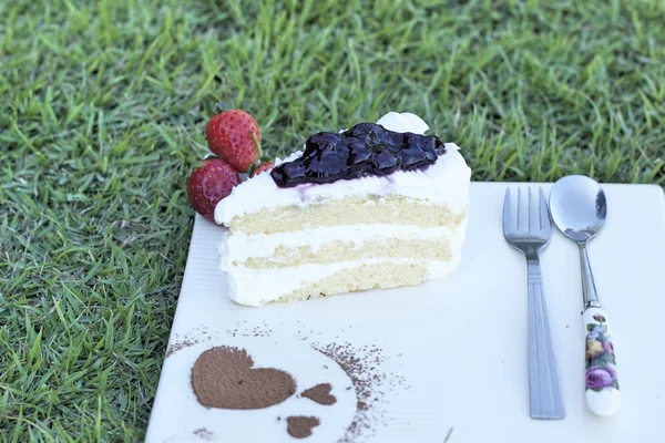 Blueberry cake en aardbei fruit — Stockfoto