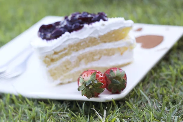 Blueberry cake and strawberry fruit — Stock Photo, Image