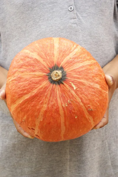 Citrouilles fraîches à la main le garçon — Photo