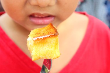 Bal ile tepesinde kızarmış ekmek yeme bir çocuk