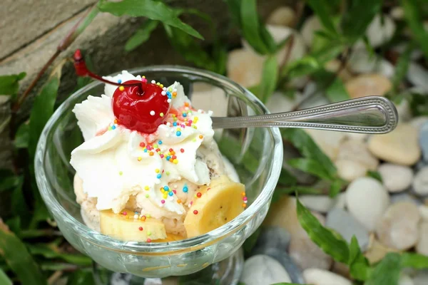 Ice cream blanda choklad jordgubbar och bananer, körsbär frukt — Stockfoto