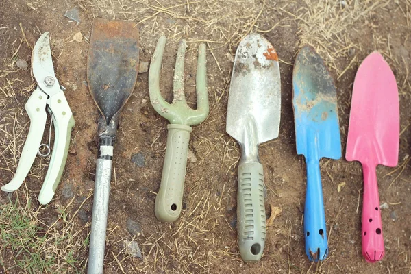 Shovel and fork for gardening on soil background — Stock Photo, Image