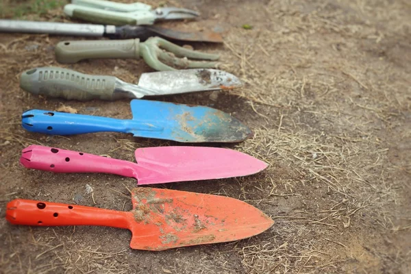 Shovel and fork for gardening on soil background — Stock Photo, Image
