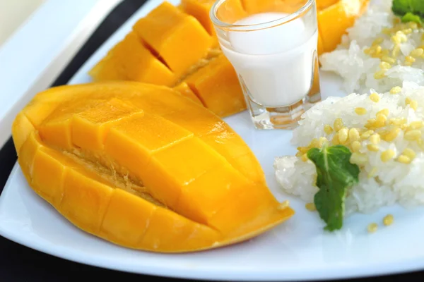 Arroz pegajoso con mezcla de leche de coco y mango maduro . —  Fotos de Stock