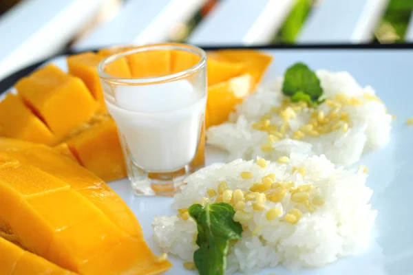 Sticky rice with coconut milk mix and ripe mango. — Stock Photo, Image