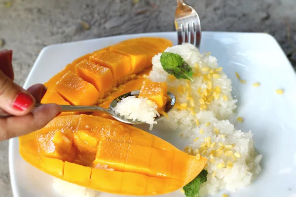 Sticky rice with coconut milk mix and ripe mango. — Stock Photo, Image