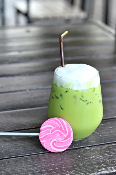 Iced green tea at milk is delicious and candy sweet — Stock Photo, Image