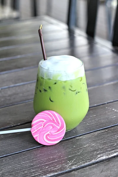 Iced green tea at milk is delicious and candy sweet — Stock Photo, Image