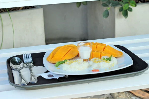 Sticky rice with coconut milk mix and ripe mango. — Stock Photo, Image