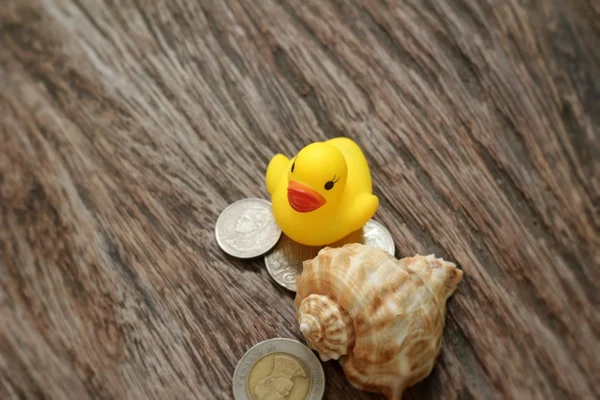 Yellow rubber duck and banknotes ,coins on wood background — Stock Photo, Image