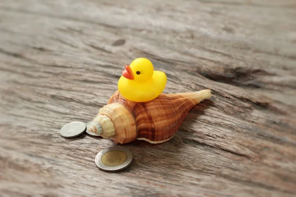 Yellow rubber duck and banknotes ,coins on wood background — Stock Photo, Image