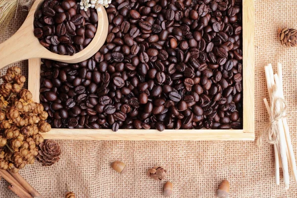 Rostade kaffebönor på säck brun bakgrund. — Stockfoto