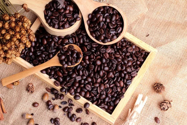 Chicchi di caffè torrefatto su sfondo sacco marrone . — Foto Stock