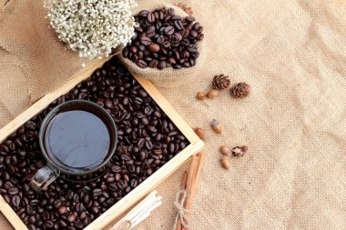 Sıcak kahve ile kavrulmuş kahve çekirdekleri