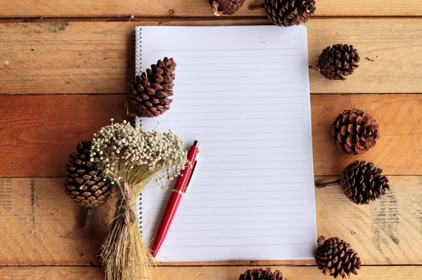 Diary book with pine cones on wood background. — Stock Photo, Image