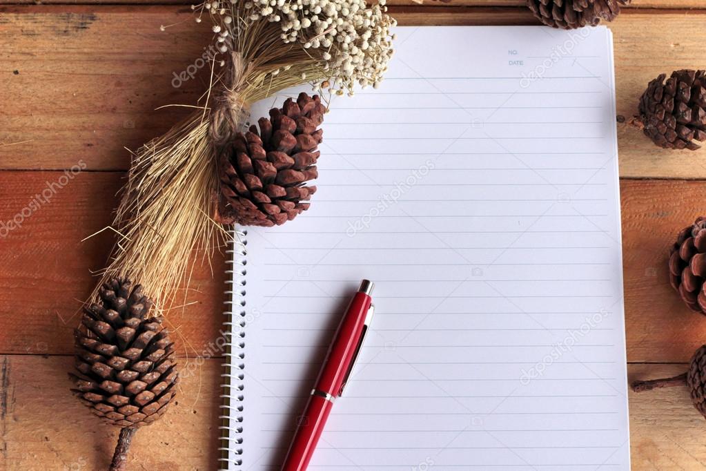 Diary book with pine cones on wood background.