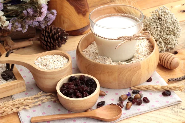 Flocos de aveia com groselha frutos secos e leite — Fotografia de Stock