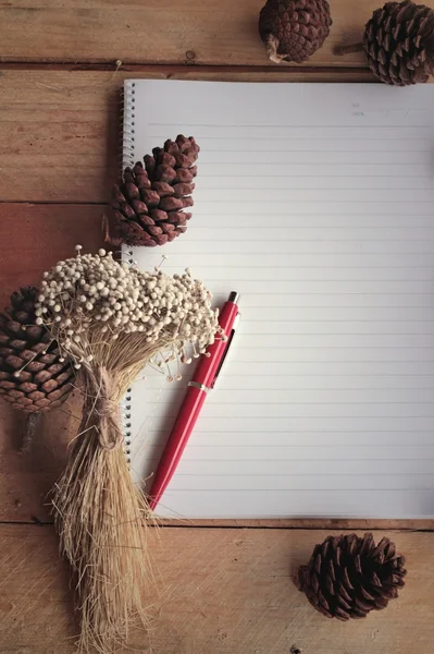 Diary book with pine cones on wood background. — Stock Photo, Image