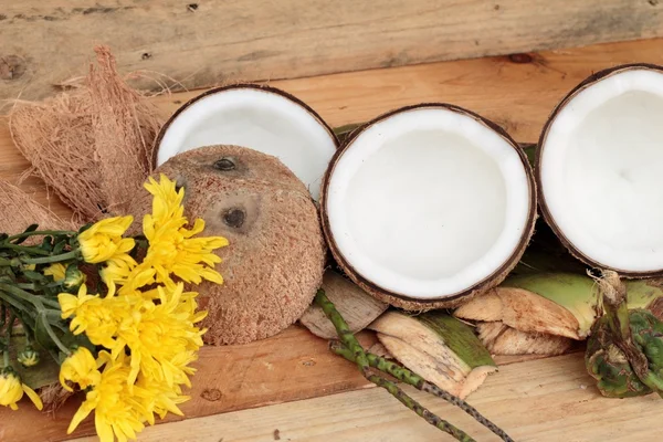 Coco blanco sobre fondo de madera — Foto de Stock