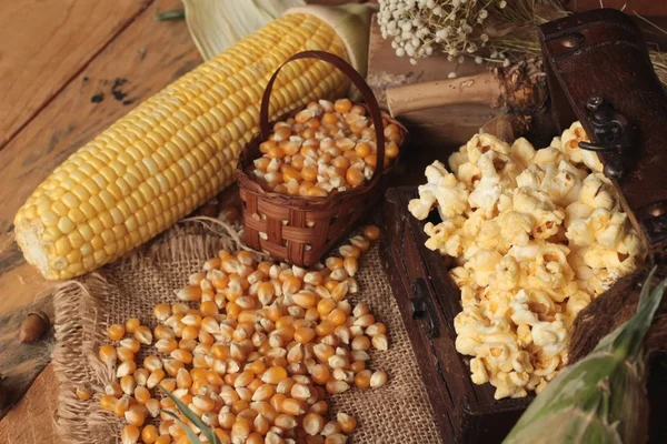 Popcorn und gelbes Maiskorn mit frischem Mais. — Stockfoto